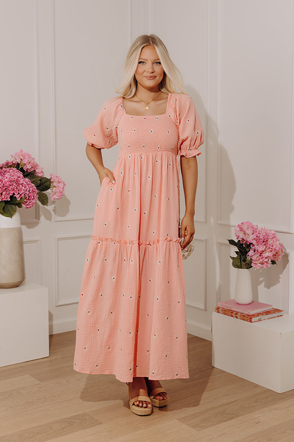 Vineyard Lounge Floral Embroidered Midi Dress in Peach