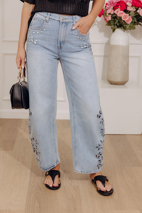 The Lucia High Waist Embroidered Barrel Leg Jean in Light Wash Image - 1