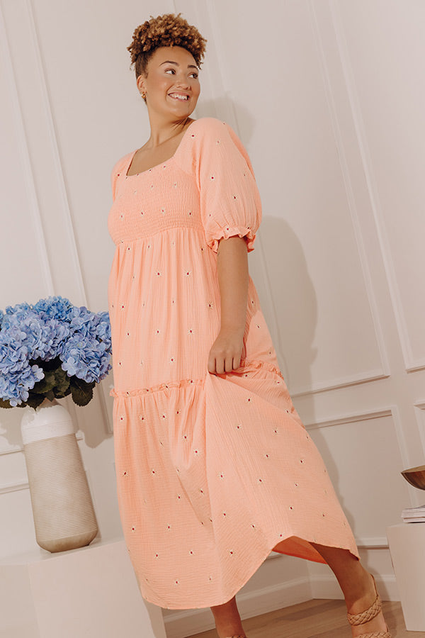 Vineyard Lounge Floral Embroidered Midi Dress in Peach Curves Image - 3