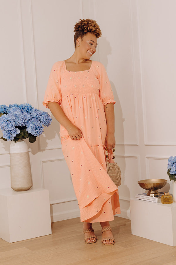 Vineyard Lounge Floral Embroidered Midi Dress in Peach Curves Image - 1