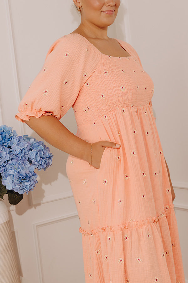 Vineyard Lounge Floral Embroidered Midi Dress in Peach Curves 2XL / Peach Vineyard Lounge Floral Embroidered Midi Dress in Peach Curves 2XL / Peach