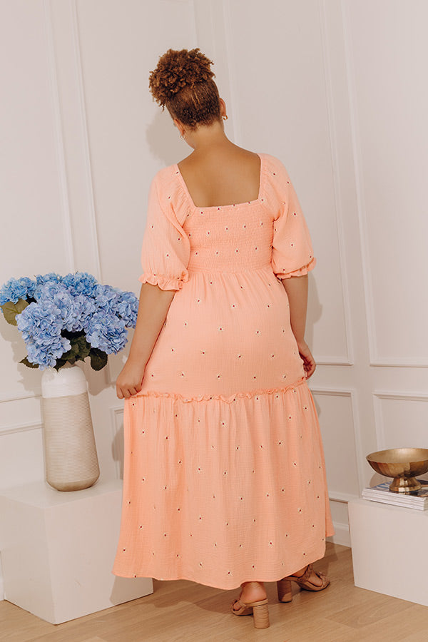 Vineyard Lounge Floral Embroidered Midi Dress in Peach Curves Image - 5