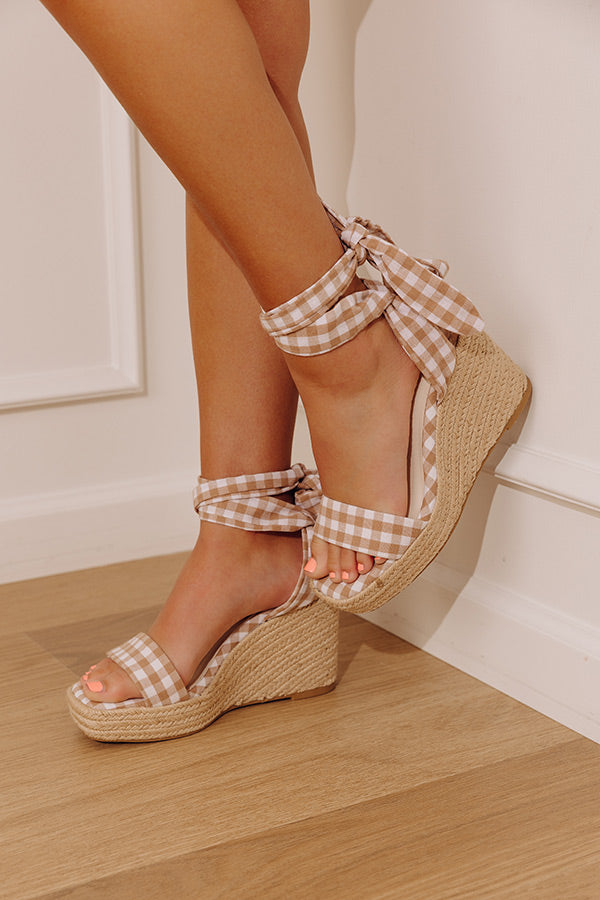 The Oceana Gingham Espadrille Wedge in Iced Latte