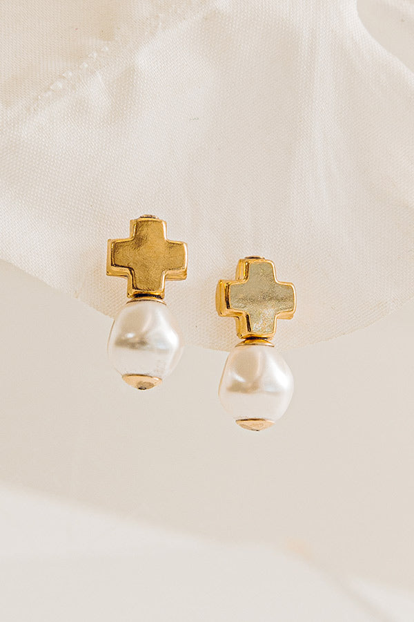 Enewton Signature Gold Cross Classic Drop Earrings in Pearl Image - 1