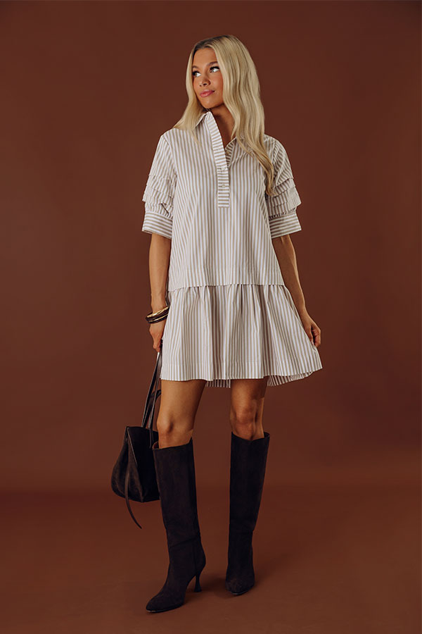 Sugar Stripes Mini Dress in Warm Taupe Image - 1