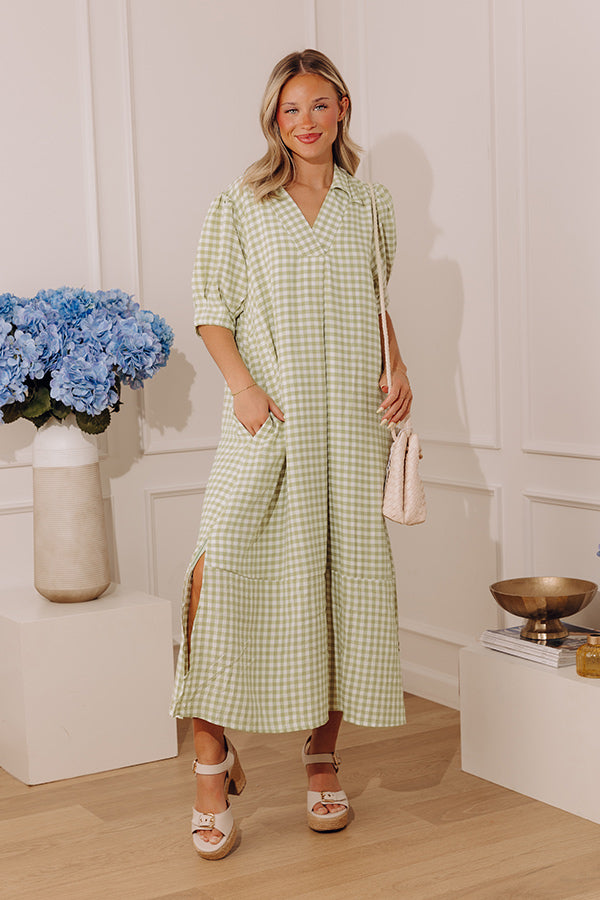 French Picnic Gingham Midi Dress in Green M / Green