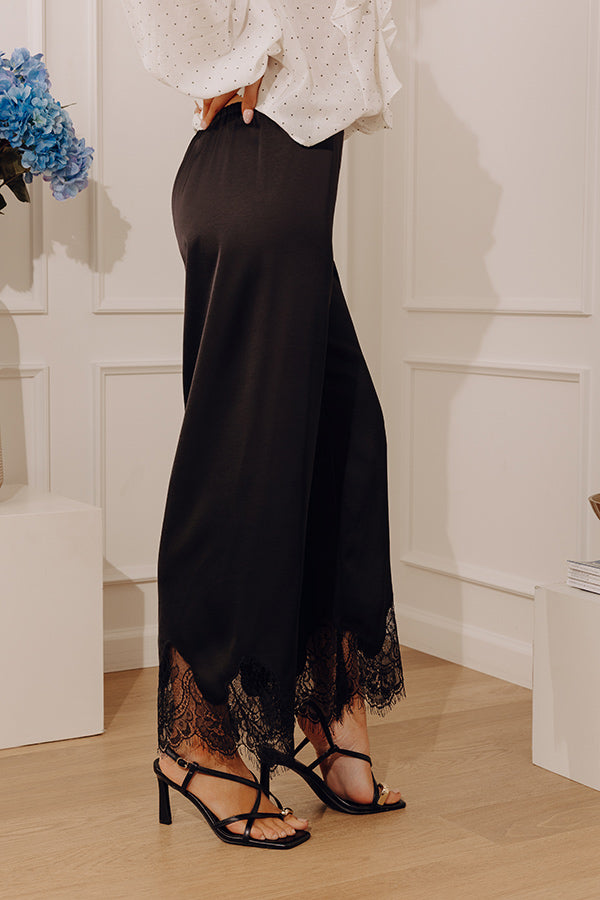black lace dress pants The Arabella Midrise Satin Lace Trim Pants in Black