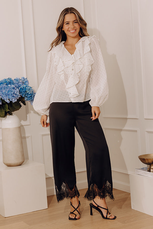 The Arabella Midrise Satin Lace Trim Pants in Black