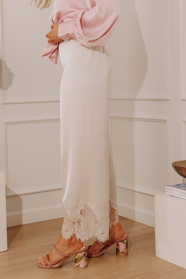 The Arabella Midrise Satin Lace Trim Pants in Cream Image - 5