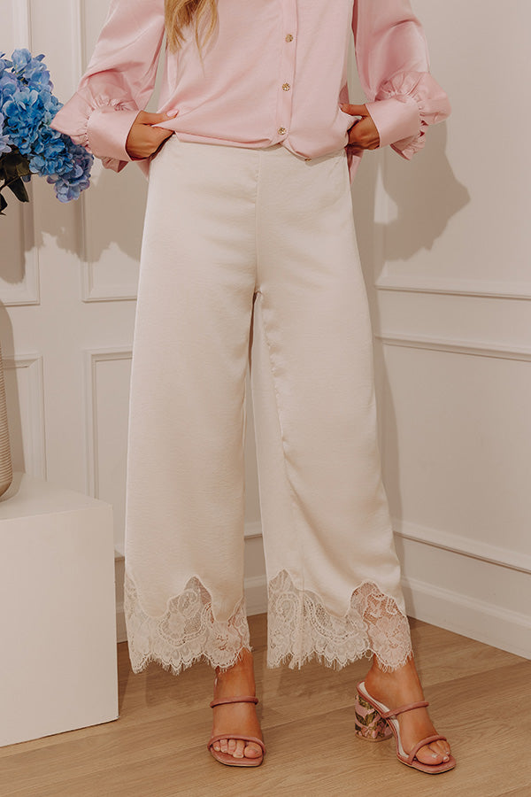The Arabella Midrise Satin Lace Trim Pants in Cream Image - 3