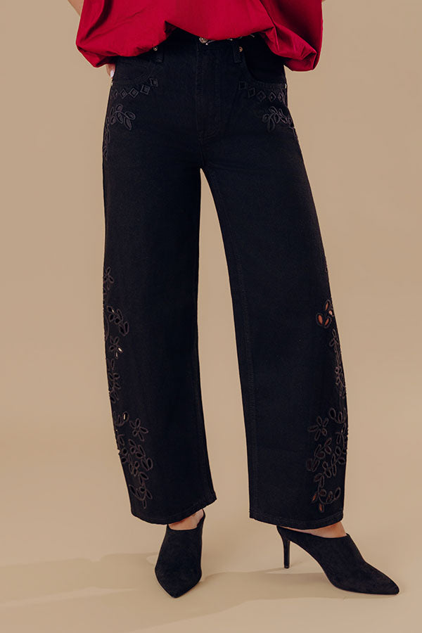 The Lucia High Waist Embroidered Barrel Leg Jean in Black Image - 2