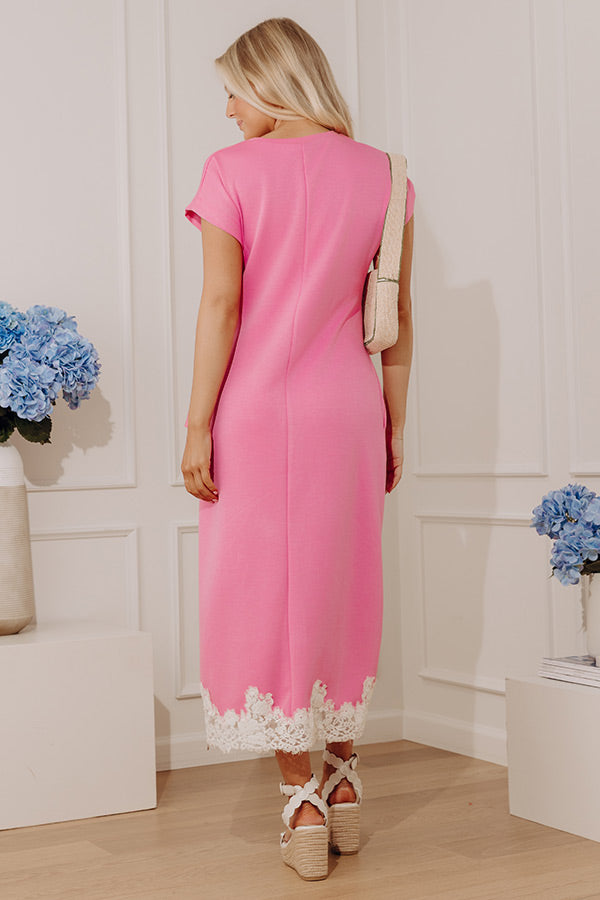 Evening Ease Lace Trim Scuba Midi Dress in Bubblegum Pink Image - 4