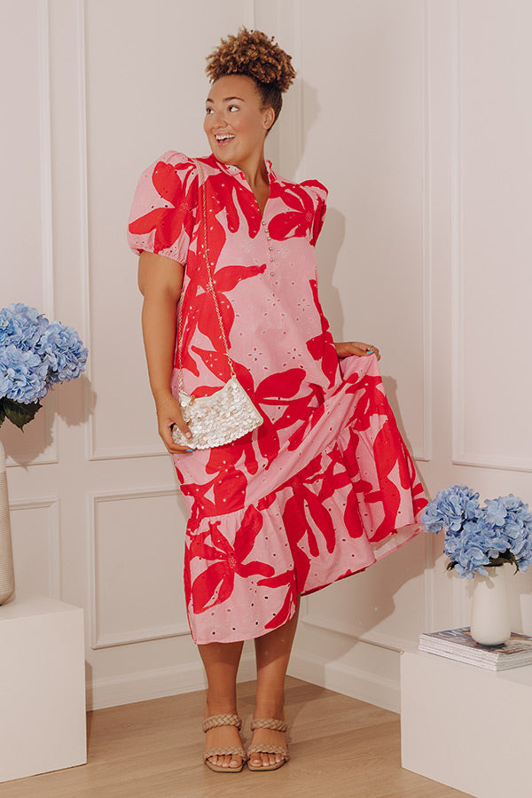 Brunch On Bloom Floral Eyelet Midi Dress in Pink Curves