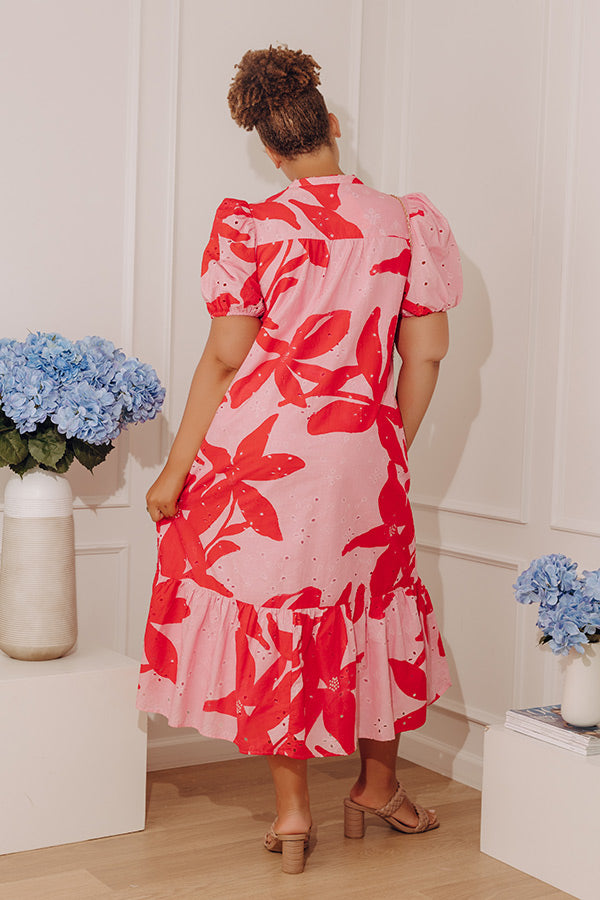 Brunch On Bloom Floral Eyelet Midi Dress in Pink Curves