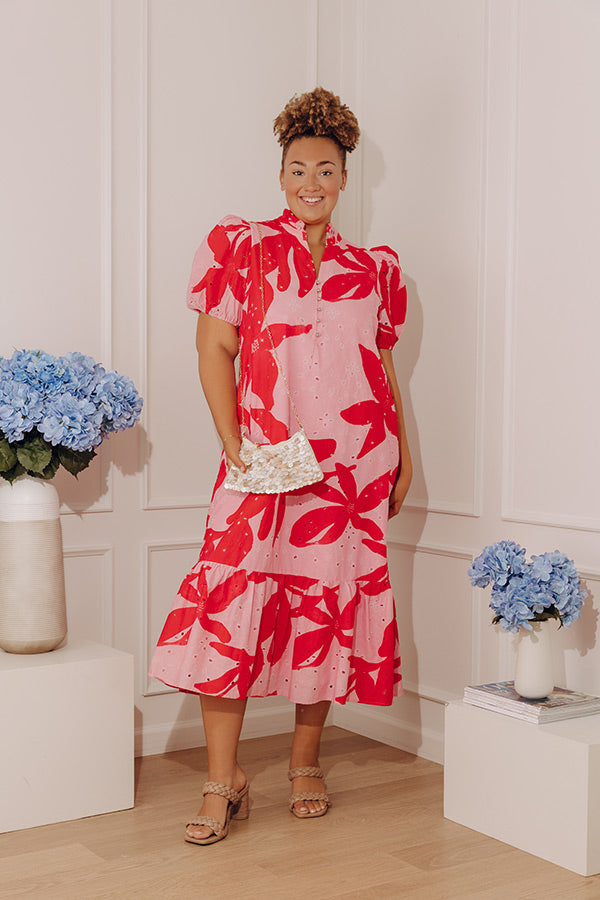 Brunch On Bloom Floral Eyelet Midi Dress in Pink Curves