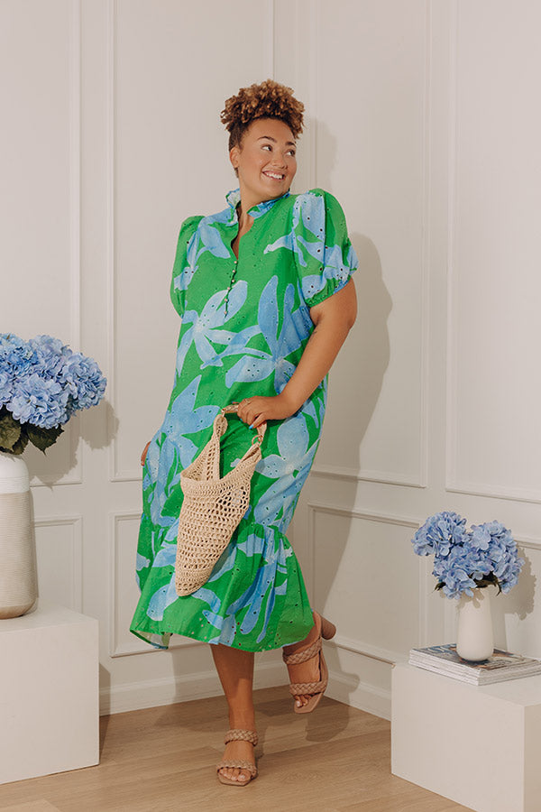 Brunch On Bloom Floral Eyelet Midi Dress in Kelly Green Curves