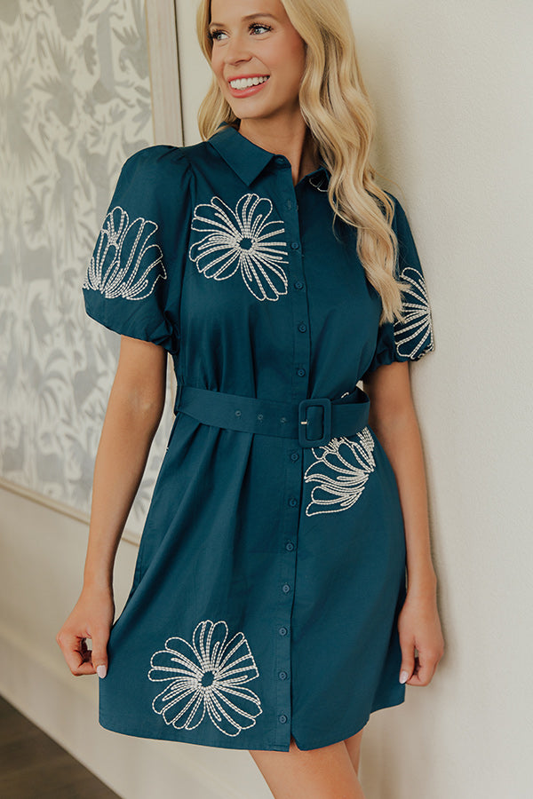 Garden Muse Embroidered Button Down Mini Dress in Dark Teal Image - 2