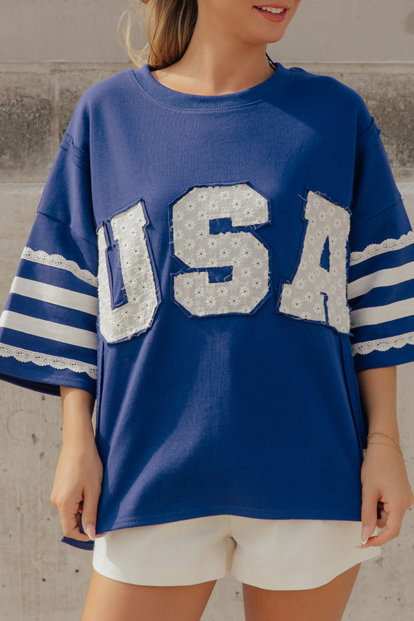 USA Vibes Patchwork Oversized Tee in Navy Image - 2