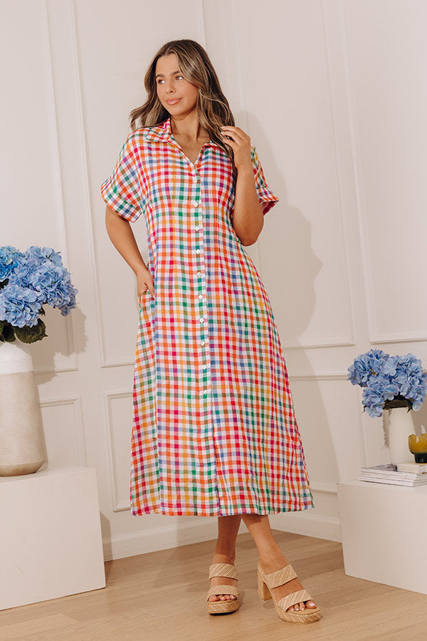 Simple Joy Button Down Gingham Midi Dress XS / White Simple Joy Button Down Gingham Midi Dress XS / White