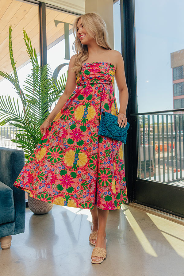 Fiesta Floral Ruched Midi Dress L / Coral Pink Fiesta Floral Ruched Midi Dress L / Coral Pink