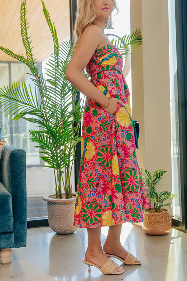 Fiesta Floral Ruched Midi Dress L / Coral Pink Fiesta Floral Ruched Midi Dress L / Coral Pink