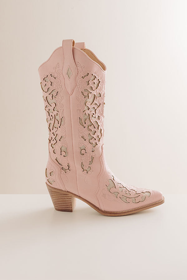 The Lorelai Faux Leather Cut-Out Cowboy Boots in Pink Image - 3
