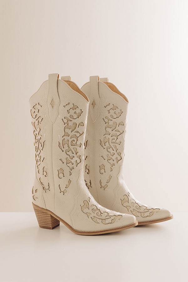 The Lorelai Faux Leather Cut-Out Cowboy Boots in Stone Image - 2