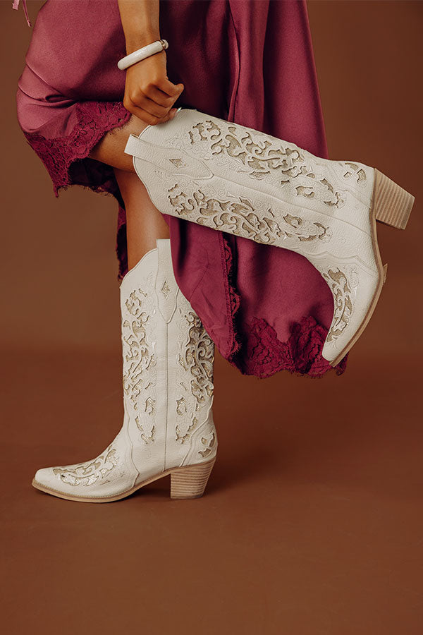 The Lorelai Faux Leather Cut-Out Cowboy Boots in Stone