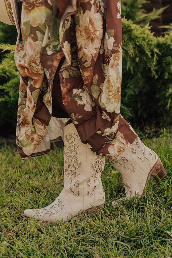 The Lorelai Faux Leather Cut-Out Cowboy Boots in Stone