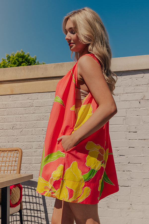 Santorini Bloom Lace Trim Floral Mini Dress M / coral Santorini Bloom Lace Trim Floral Mini Dress M / coral