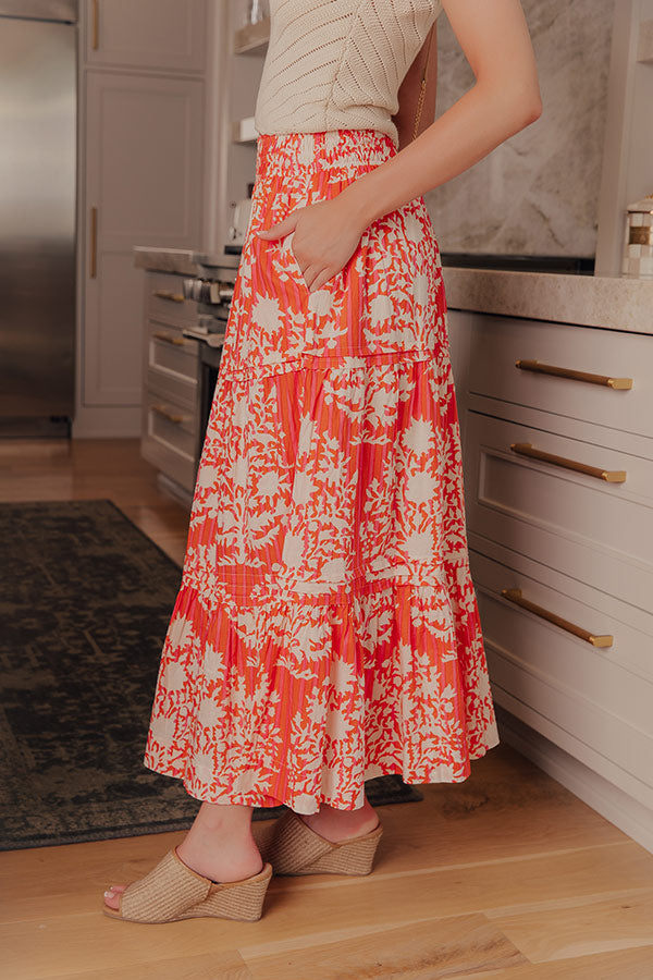 Boho Energy High Waist Floral Midi Skirt in Tangerine Image - 3