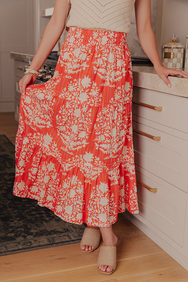 Boho Energy High Waist Floral Midi Skirt in Tangerine Image - 2
