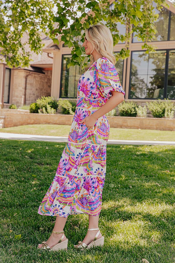 Santorini Coast Floral Tiered Midi Dress Image - 5