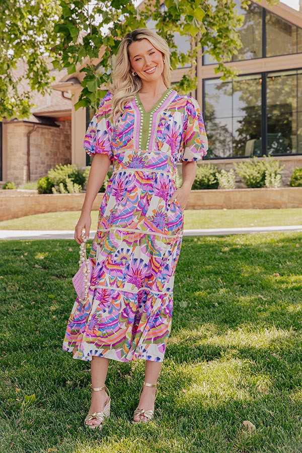 Santorini Coast Floral Tiered Midi Dress Image - 3