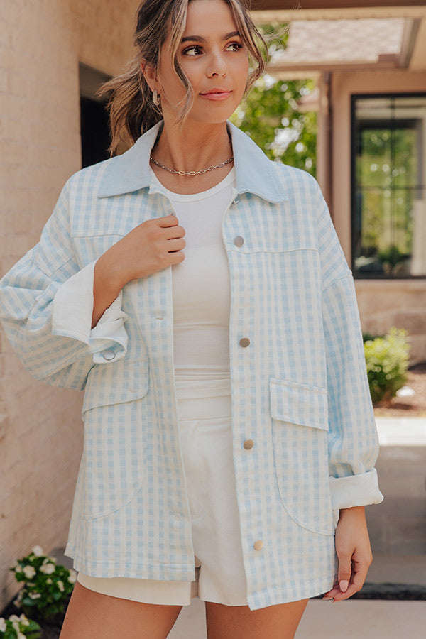 Picnic Date Gingham Denim Jacket in Sky Blue