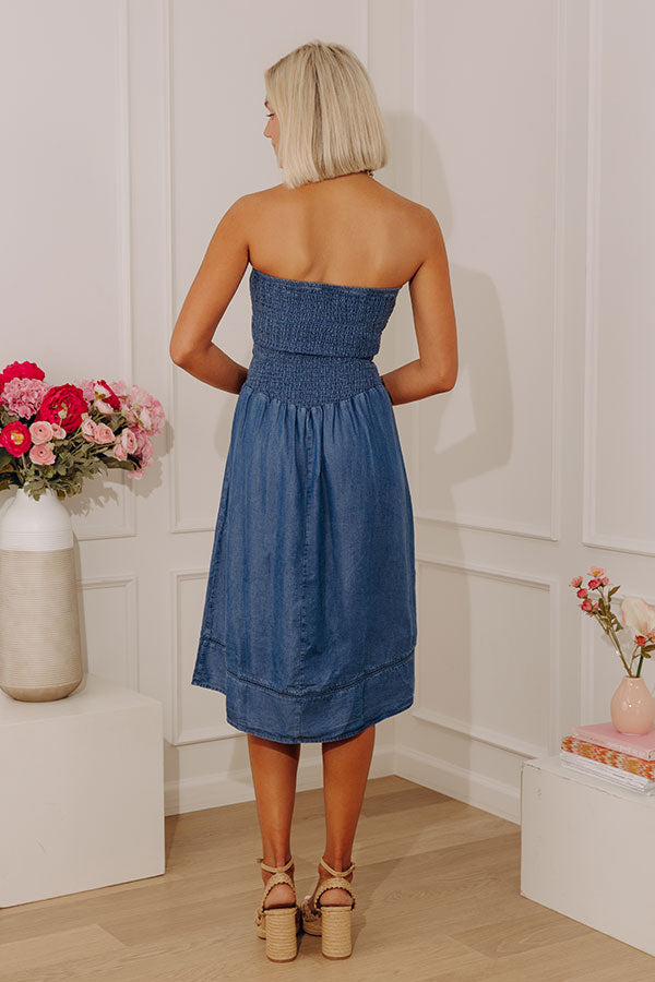 Sweet Moment Smocked Chambray Midi Dress in Dark Wash Image - 4