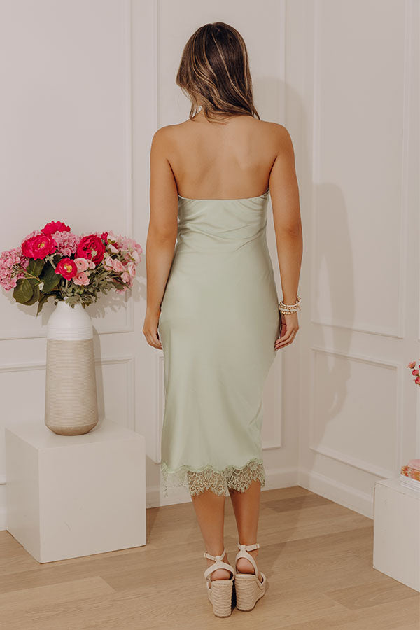 Sleek And Chic Lace Trim Satin Midi Dress in Sage Image - 4