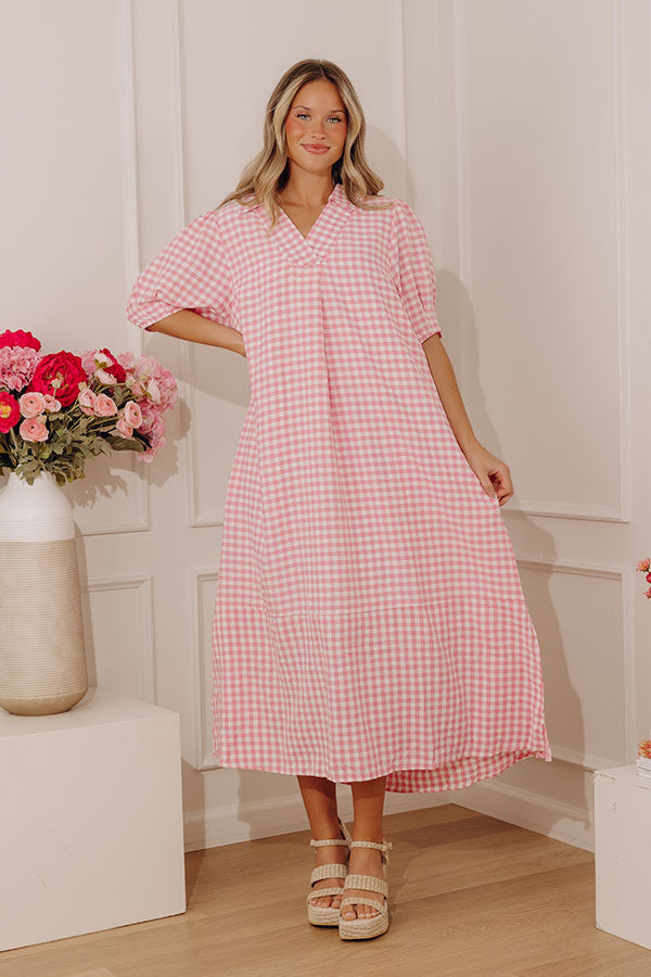 French Picnic Gingham Midi Dress in Pink Image - 2