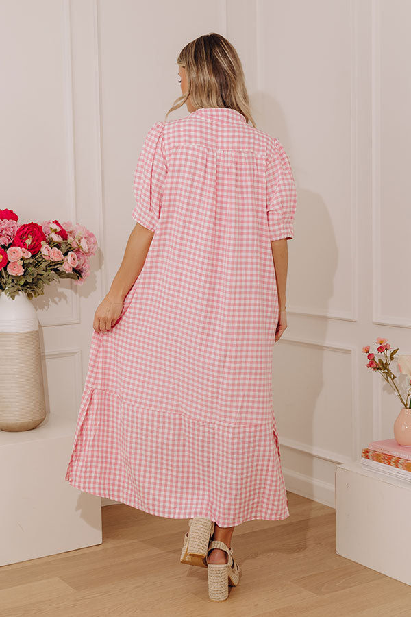 French Picnic Gingham Midi Dress in Pink Image - 4