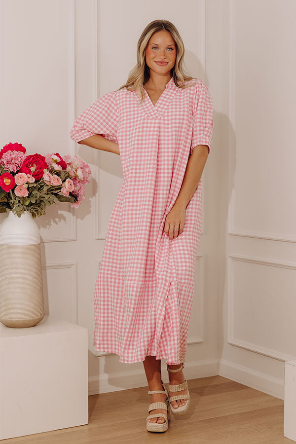 French Picnic Gingham Midi Dress in Pink Image - 1