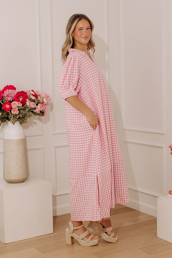 French Picnic Gingham Midi Dress in Pink Image - 3