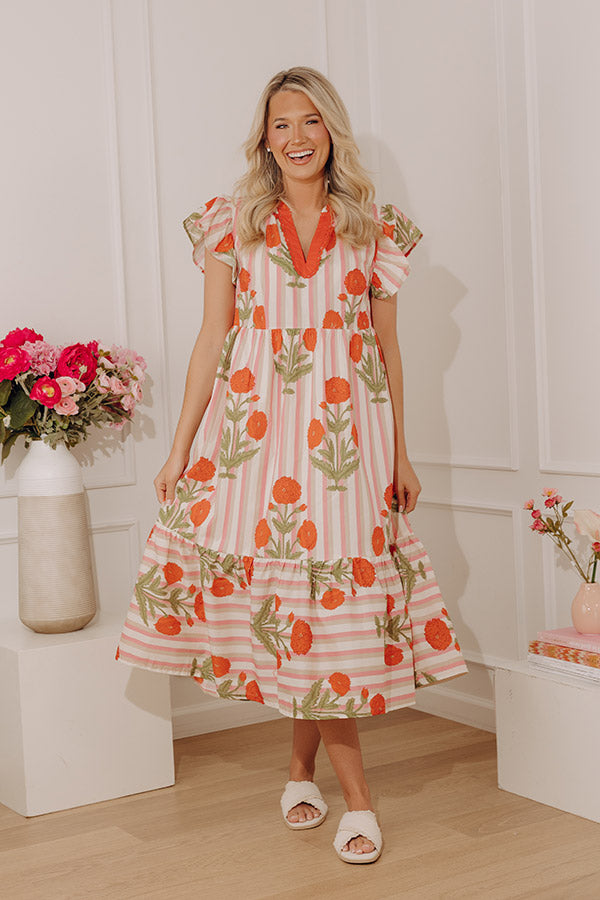 Mimosas Please Floral Stripe Midi Dress Image - 5