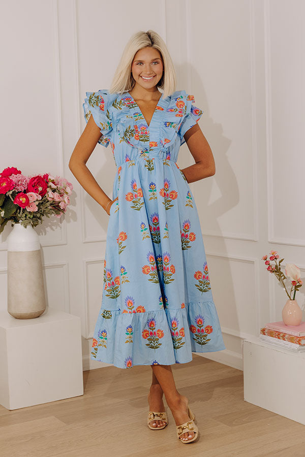 Santorini Stroll Floral Midi Dress in Sky Blue Image - 2