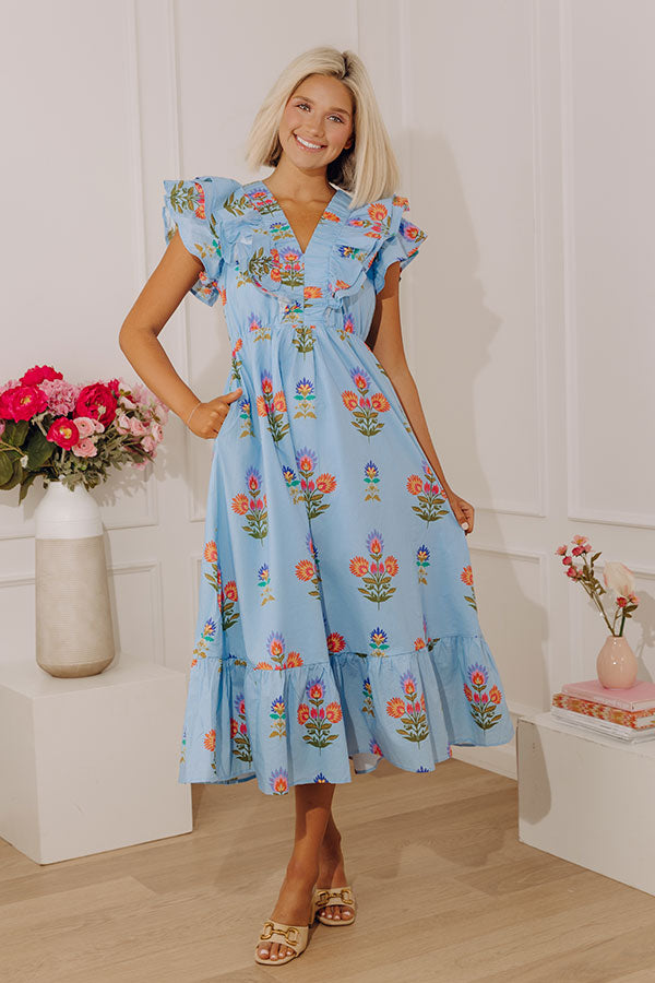 Santorini Stroll Floral Midi Dress in Sky Blue Image - 3