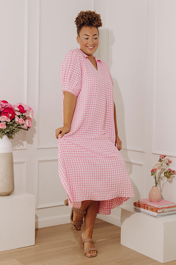 French Picnic Gingham Midi Dress in Pink Curves Image - 1