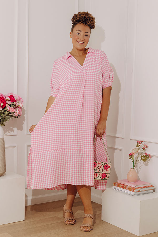 French Picnic Gingham Midi Dress in Pink Curves Image - 2