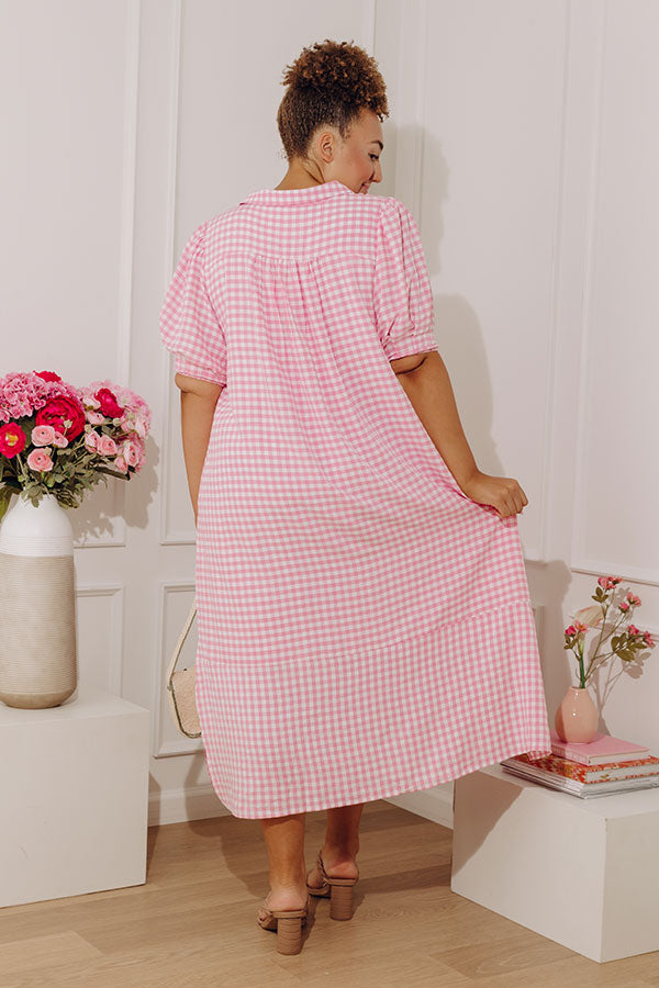 French Picnic Gingham Midi Dress in Pink Curves Image - 4