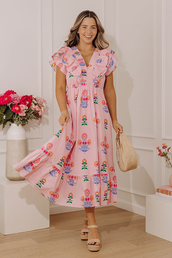 Santorini Stroll Floral Midi Dress in Pink Image - 1