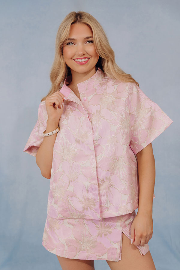 Hibiscus Holiday Floral Jacquard Button Up Top