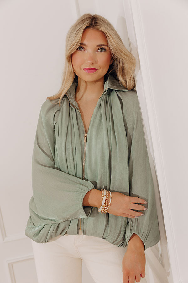 City Lights Organza Zip Up Top in Sage